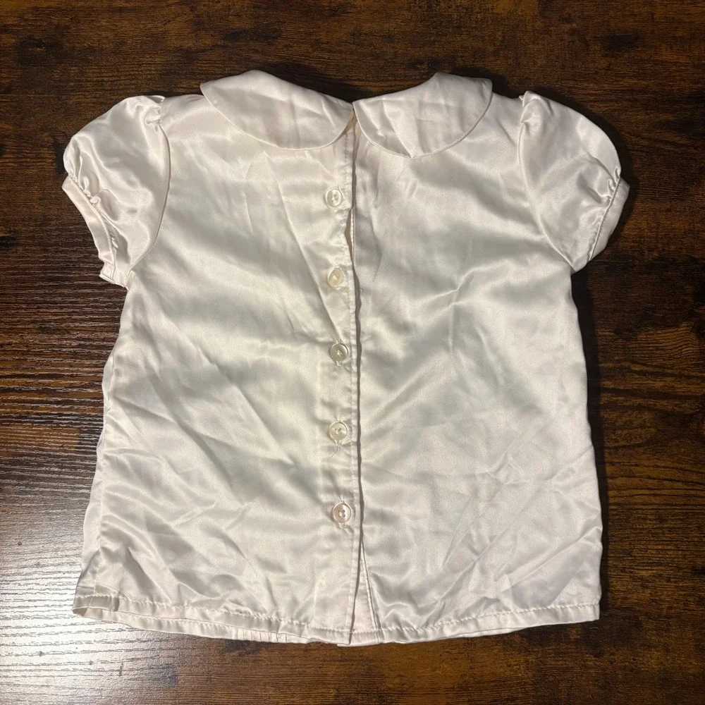 Vintage Old Navy Ivory Satin Collared Pleated Puff Sleeve Blouse Shirt (Girl 3T)